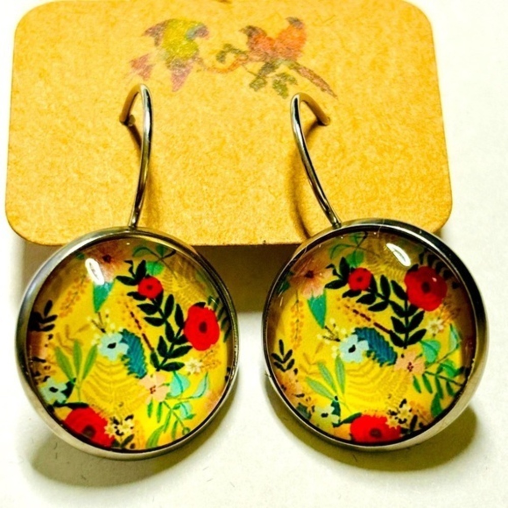 16mm Floral Print Lever Back Stainless Steel Earrings, NWT, Unworn, Handmade